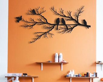 Metal Birds on Branch Wall Decor: 3D Garden Art