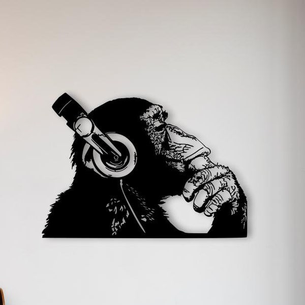 Décoration murale singe en métal : singe qui chante avec un casque