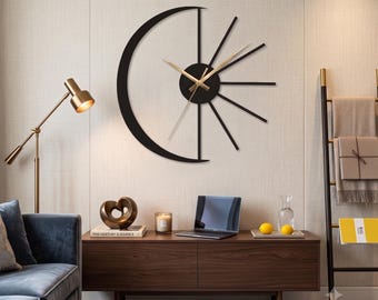 Solaria Crescent Metal Wall Clock, Minimalist Silent Gear Wheel Design