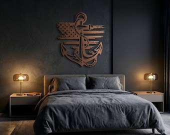 Metal Anchor American Flag Wall Art, Rustic Nautical Steel Decor, US Navy Veteran Gift