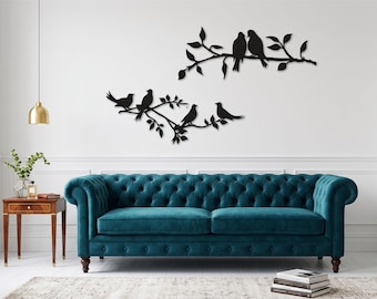 Metal Birds Branch Wall Art Set, Modern Minimalist Metal Decor, Nature Bedroom Hanging