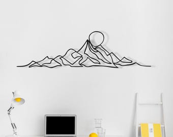 Arte murale minimalista in metallo con montagna: design astratto della linea dell'alba