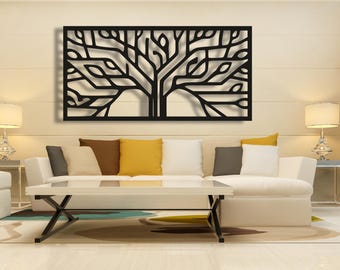 Abstract Metal Tree of Life Wall Art, Large Black Metal Decor, Living Room Hanging