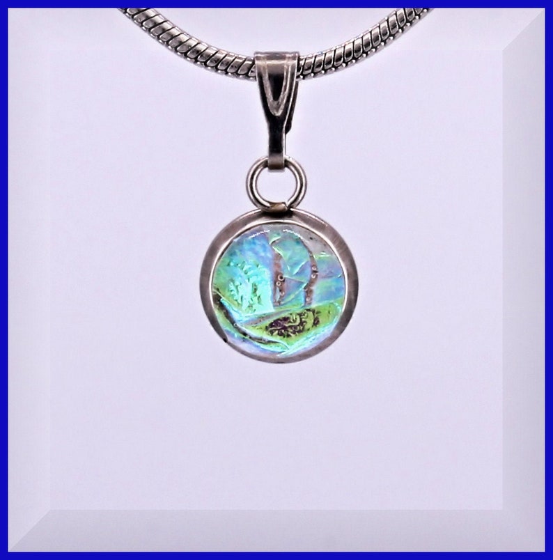 Blue Green 8 mm glass and steel pendant aesthetic glass pendant Fused mini Dichroic glass Necklace handmade