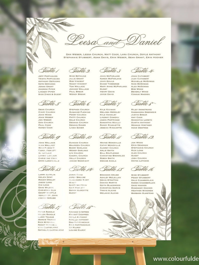 DIGITAL FILE Elegant Silver Leaves and Branches Wedding Seating Chart or Seating Plan Poster