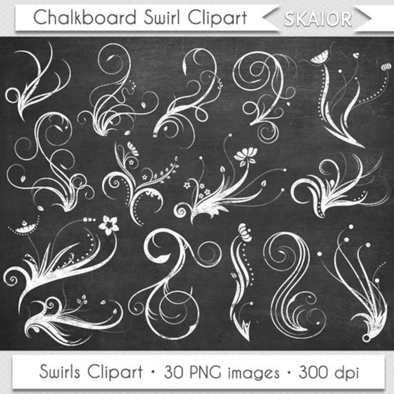 Chalkboard Swirl Clipart White Swirls Clip Art Vector Flourish Etsy
