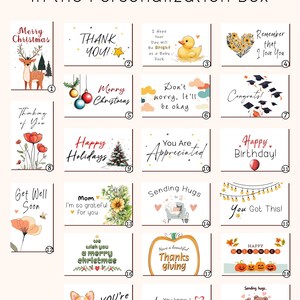 May include: A selection of greeting cards with various designs and messages. The cards include themes such as Christmas, thank you, birthday, and get well soon. The text "Please choose your card option in the Personalization Box" is at the top.