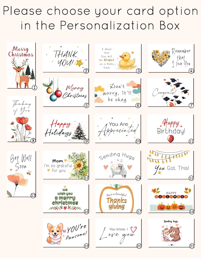 May include: A selection of greeting cards with various designs and messages. The cards include themes such as Christmas, thank you, birthday, and get well soon. The text "Please choose your card option in the Personalization Box" is at the top.
