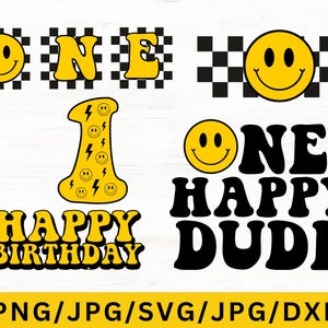 One Happy Dude First Birthday SVG  PNG – Retro Smiley Face Birthday Bundle | Perfect for Birthday Boy Outfit, Family Shirts & Party Decor
