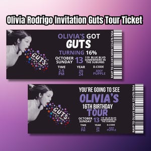 Olivia Rodrigo Einladung Guts Tour Ticket Konzert Geburtstag Party lädt ein Guts World Tour Einladungskarte livies Geburtstag Vorlagen Digitale Datei