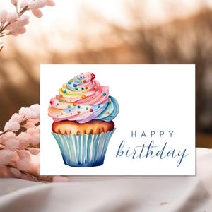 Cartão de Feliz Aniversário com Cupcake Colorido - Download DIGITAL - Cartão de Aniversário para Imprimir - Download Instantâneo - Cartão de Feliz Aniversário para Imprimir