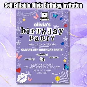 Olivia Einladung | Rodrigo Geburtstagsfeier einladen, Olivia Rod Thema Partydekorationen, Olivia Themen Geburtstag Instant Download Einladungen