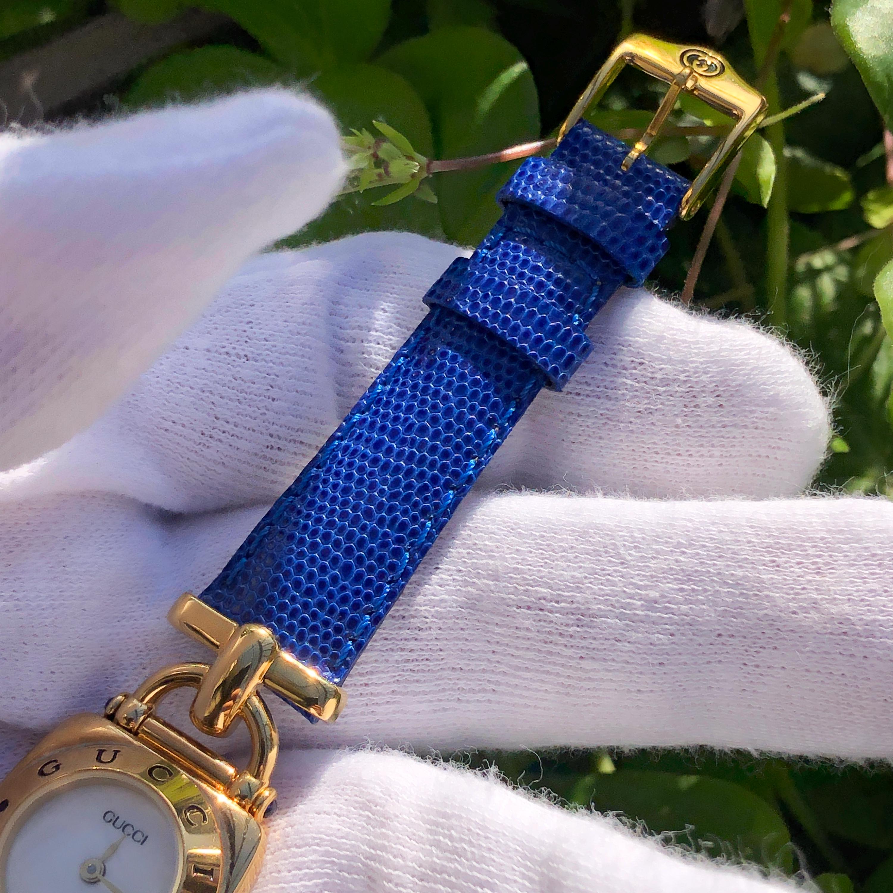 RARE Vintage GUCCI 6300L WHITE Dial Electric Blue Leather Strap