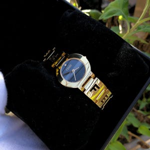 RARE Vintage FENDI 3060L Black Dial 1P diamond gold plated FENDI cutout bracelet  lady's watch Box and papers Very Good Condition