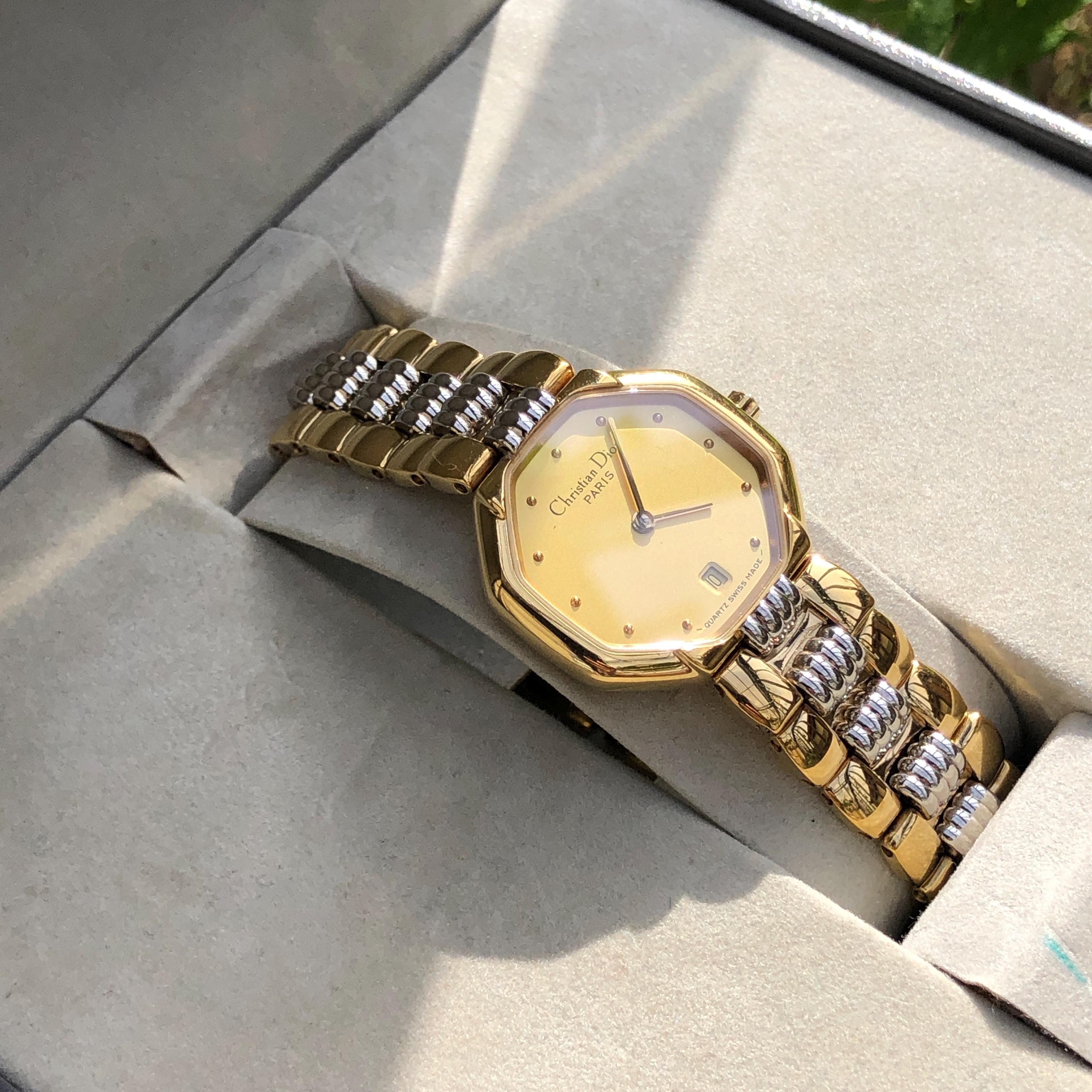 Rare Vintage Christian Dior Octagon Watch: Gold Plated, Dual Tone