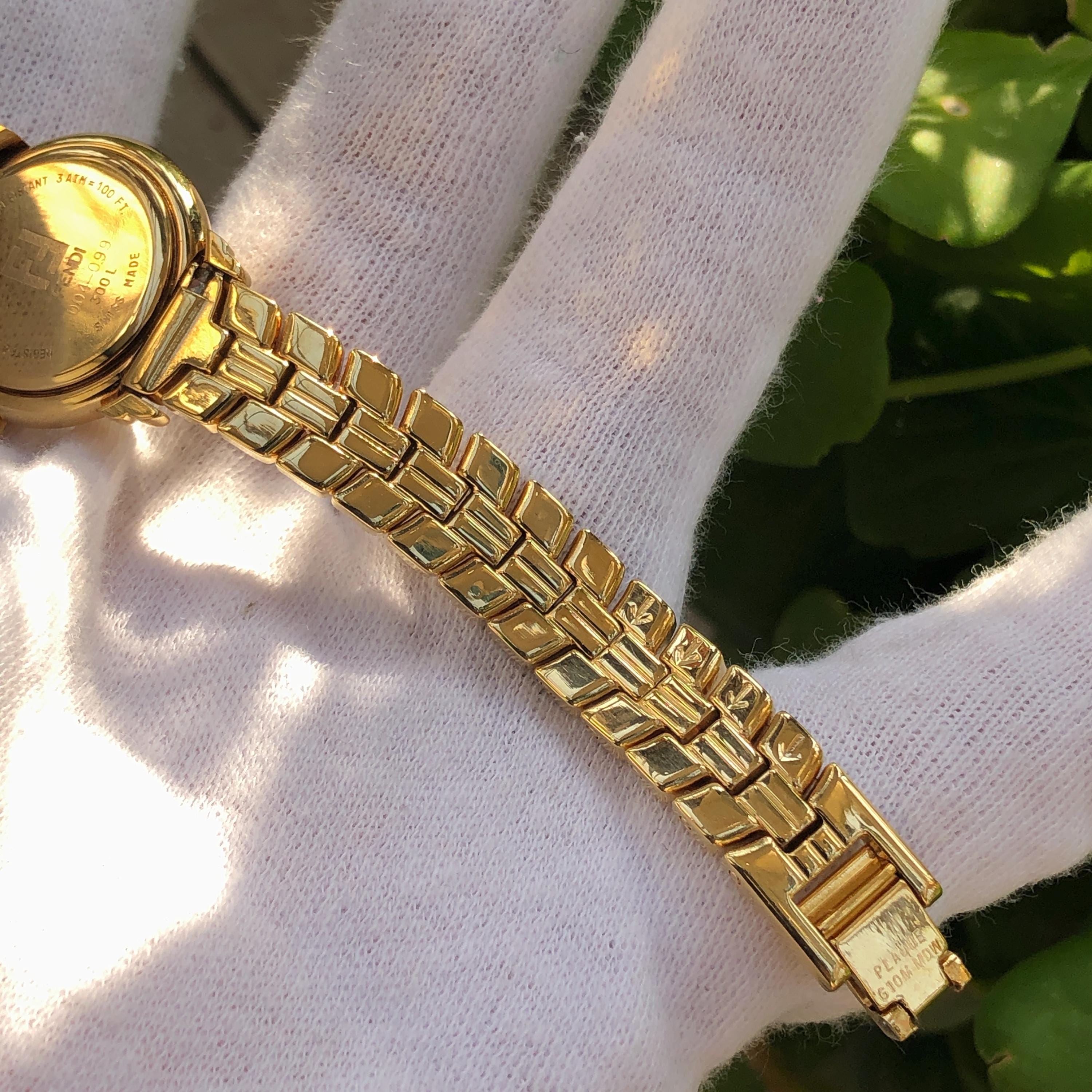 Vintage FENDI 300L Ladies Watch: Gold Plated With Black Dial (full