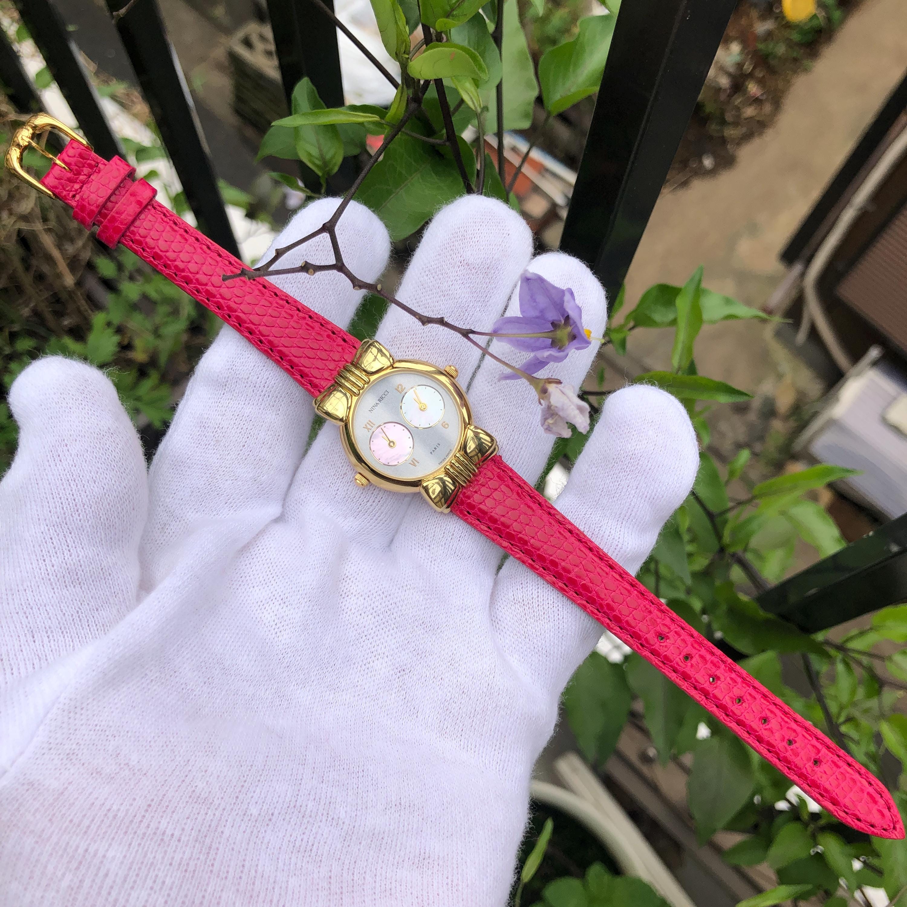 Rare Vintage Nina Ricci Dual Time Watch: Mother of Pearl Dial