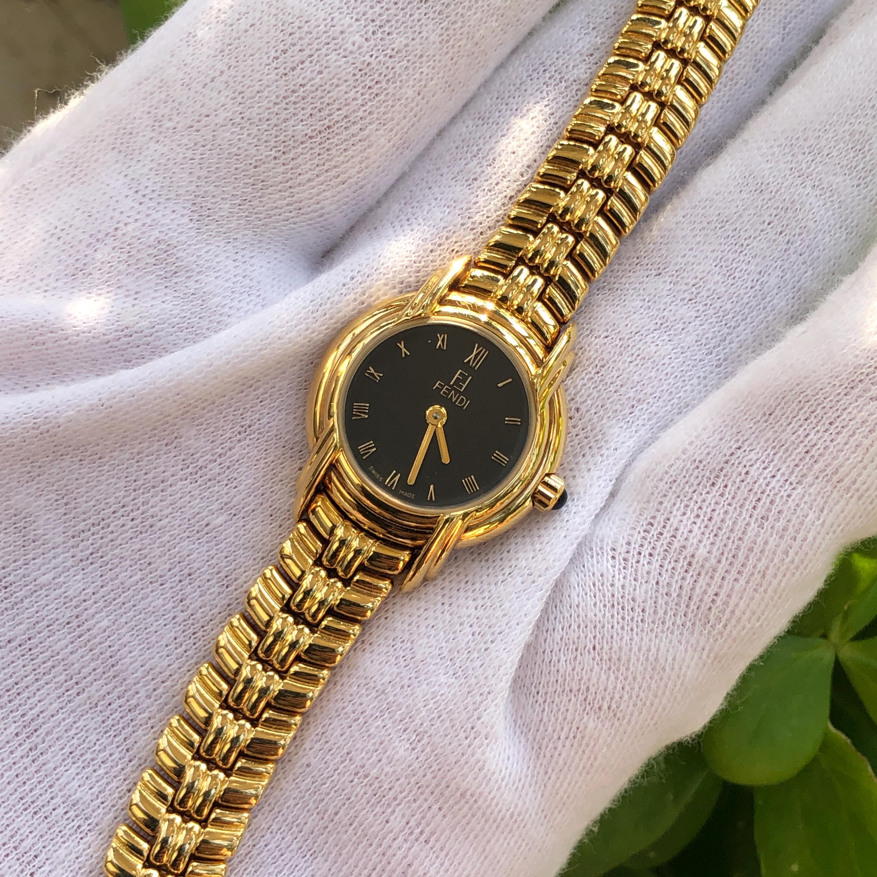 Vintage FENDI 300L Ladies Watch: Gold Plated With Black Dial (full