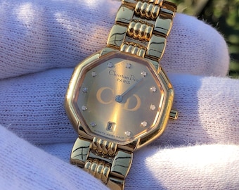 RARE Christian Dior Octagon Gold Plated Diamond Hour Marker Lady's