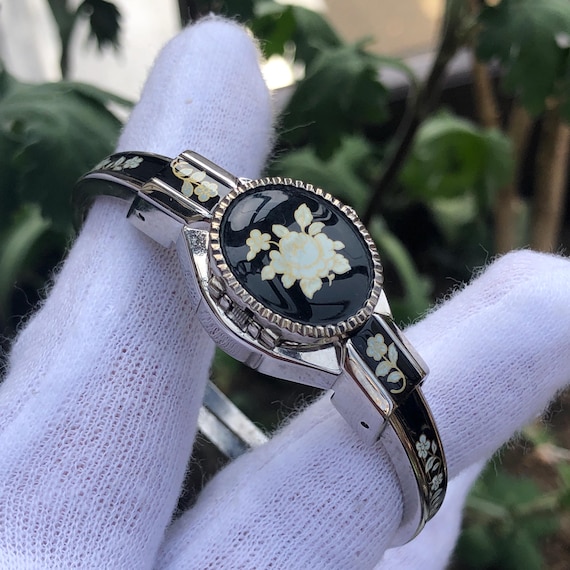 Vintage André Mouche Enamel Floral Bangle Watch - Swiss Made - Etsy