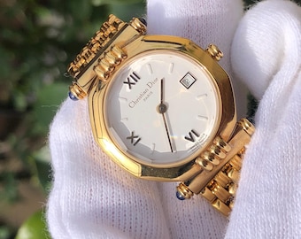 Vintage Christian Dior Octagon Gold Plated Ladies Watch With Box