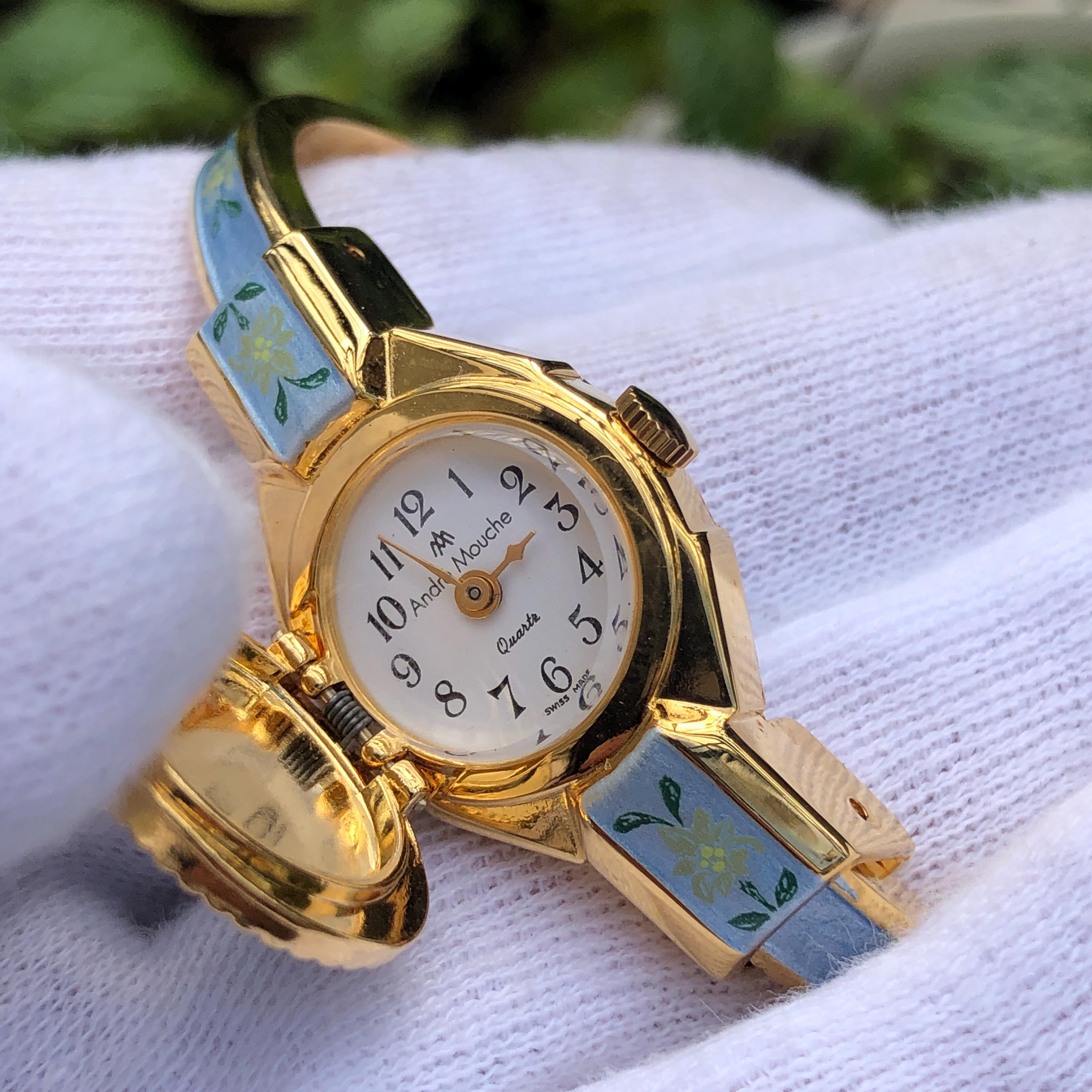 Vintage Andre Mouche Floral Enamel Bangle Watch: Swiss Made, Gold