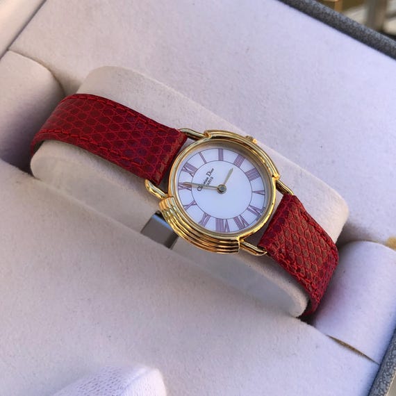 RARE Vintage Christian Dior Shell Dial Red Accent Gold