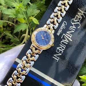 RARE Vintage YSL Yves Saint Laurent Blue Dial gold plated dual tone bracelet type ladys watch small face