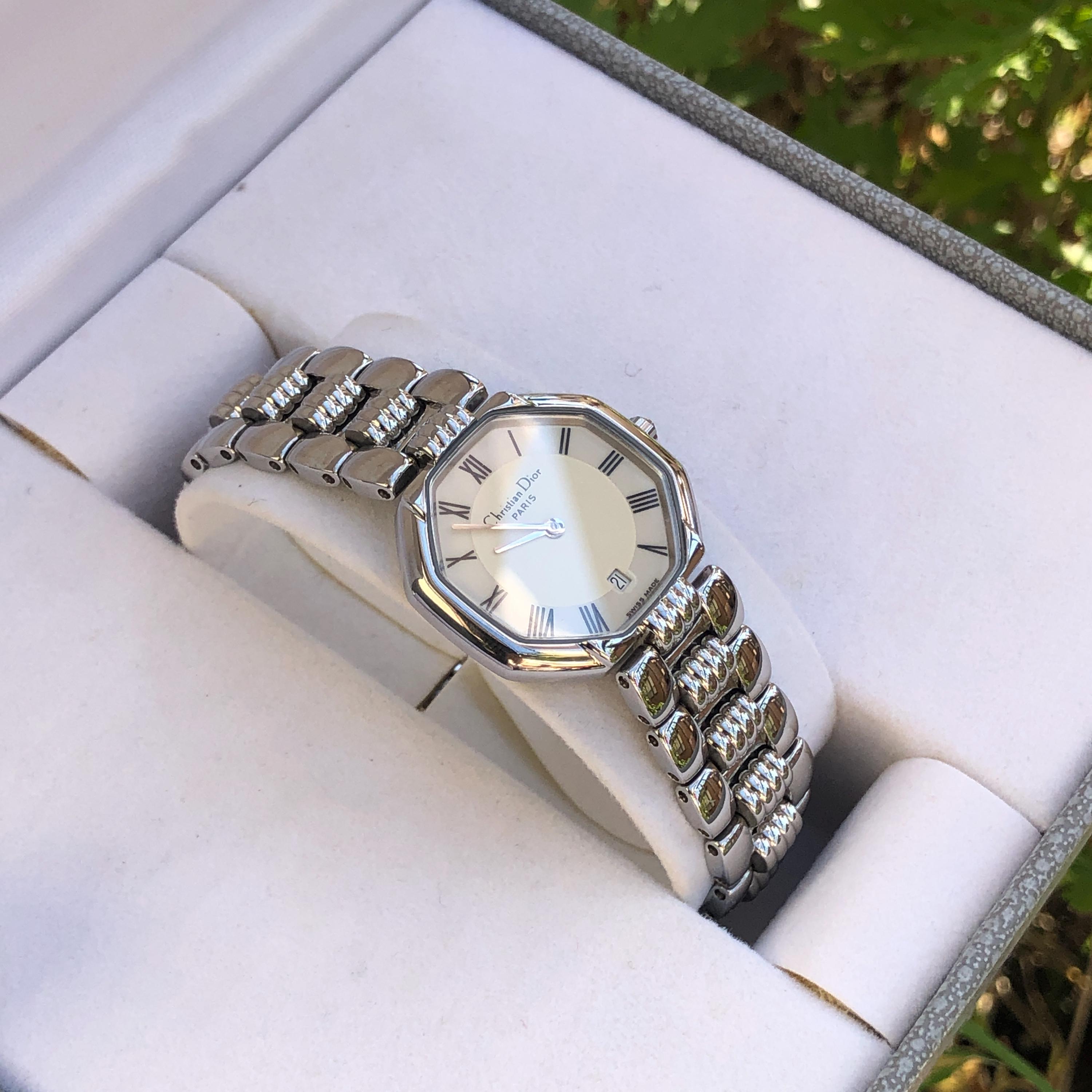 RARE Vintage Christian Dior Octagon Silver Tone White Dial