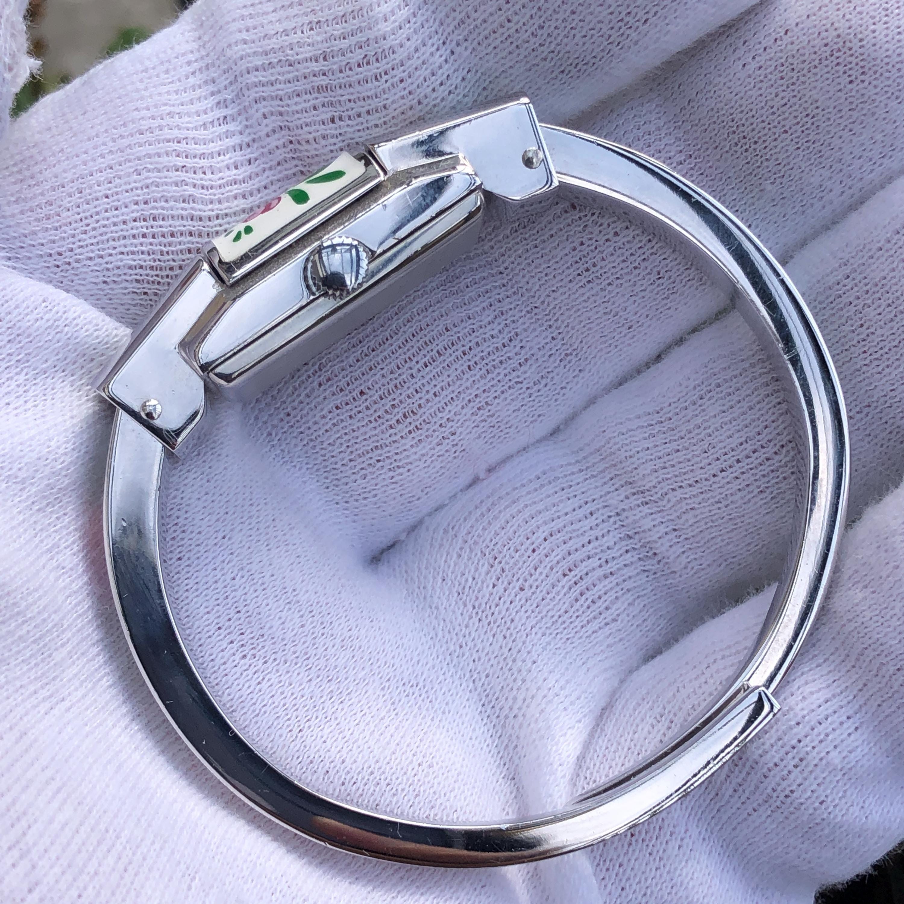 Felicitas Neuchatel Womens Watch 17 Jewels Incabloc Bangle Bracelet Silver Vintage Felicitas Neuchatel Swiss Floral Enamel Bangle Watch  main image 2