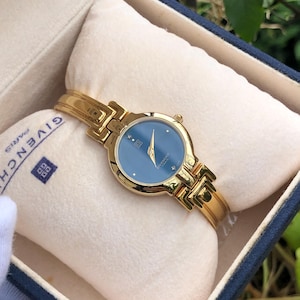 RARE Vintage GIVENCHY Beautiful Millesime Registered Model 2P diamond bluish dial gold plated bangle ladys' watch Boxed very good condition
