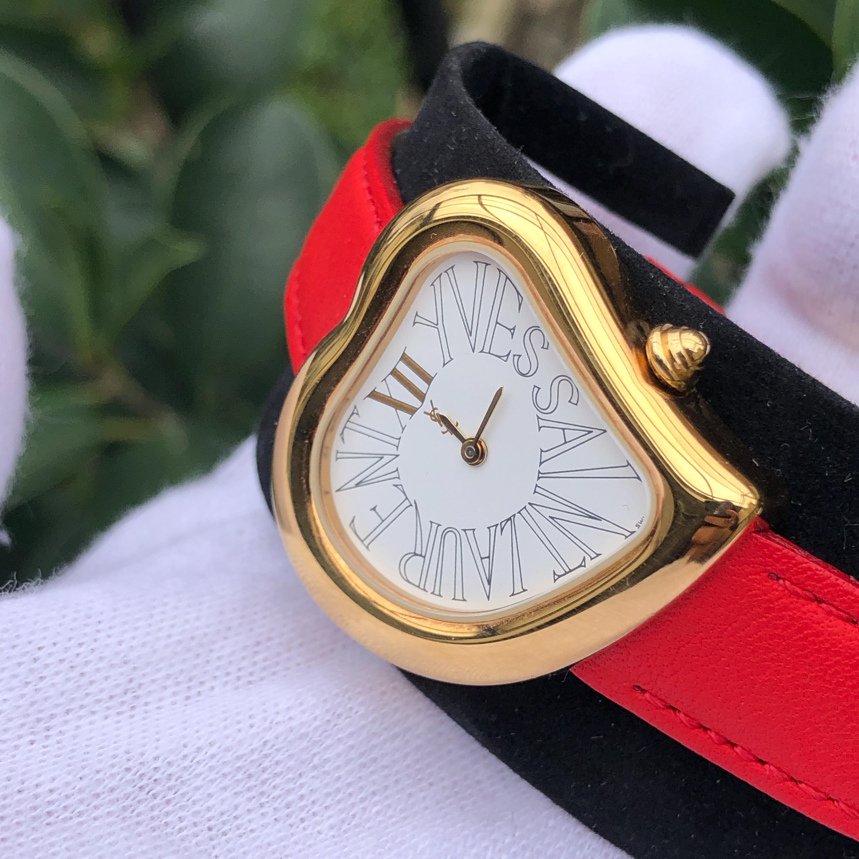 Vintage YSL Heart Watch, Red Leather Strap, Original Box Good 