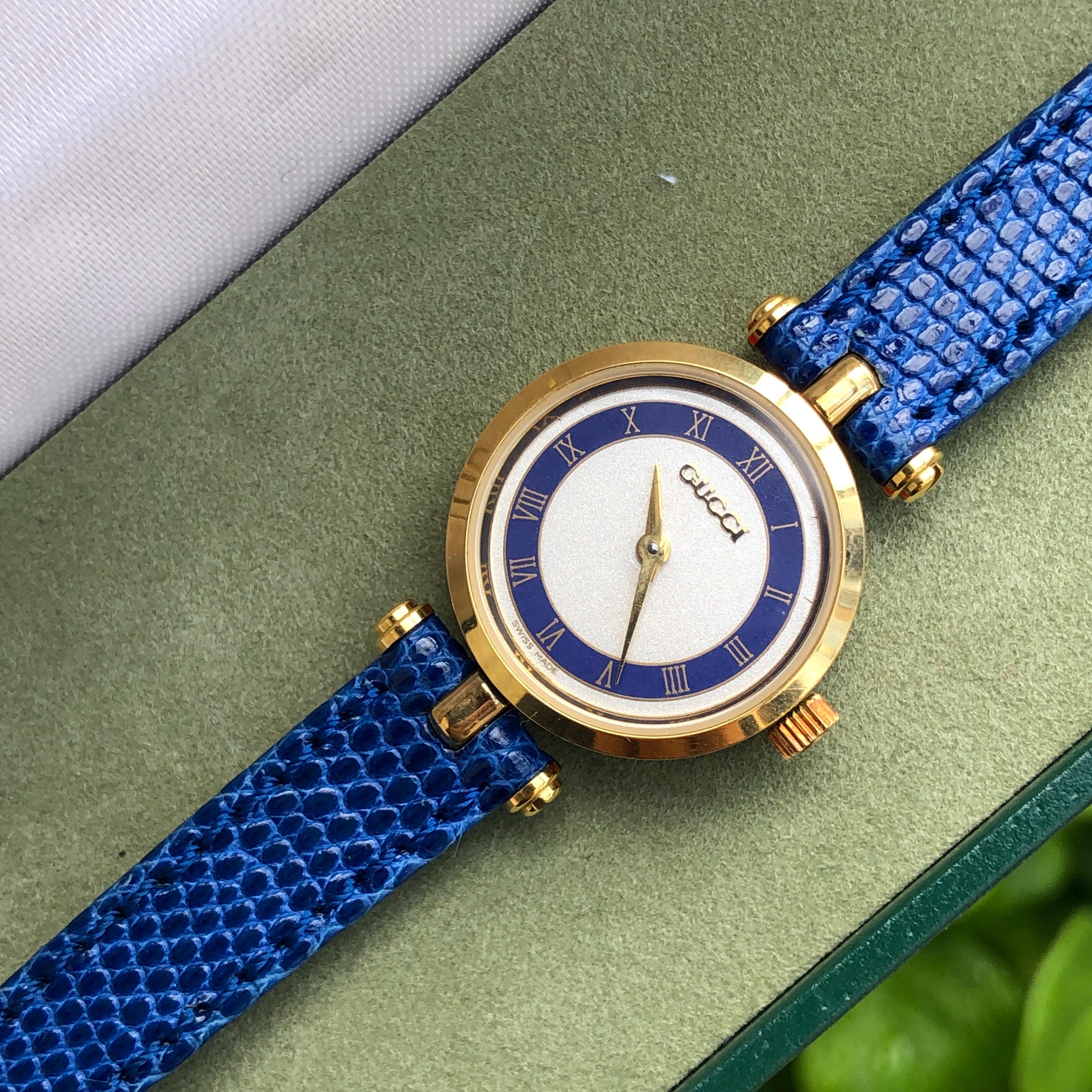 Rare VINTAGE GUCCI SHERRY 2000L Blue Accent Original Strap Lady's