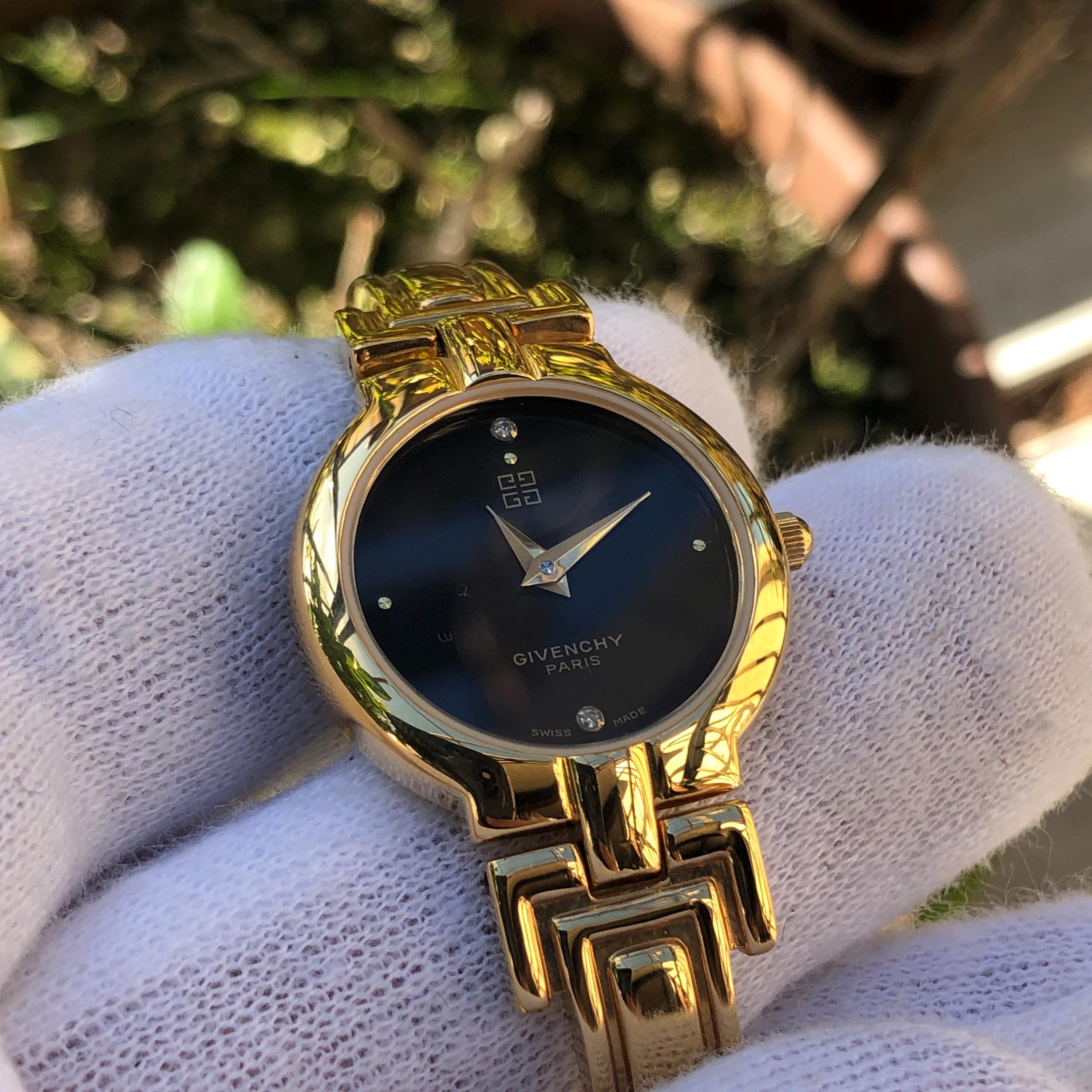 Vintage GIVENCHY Millesime Bangle Watch: Black Dial, Gold Plated