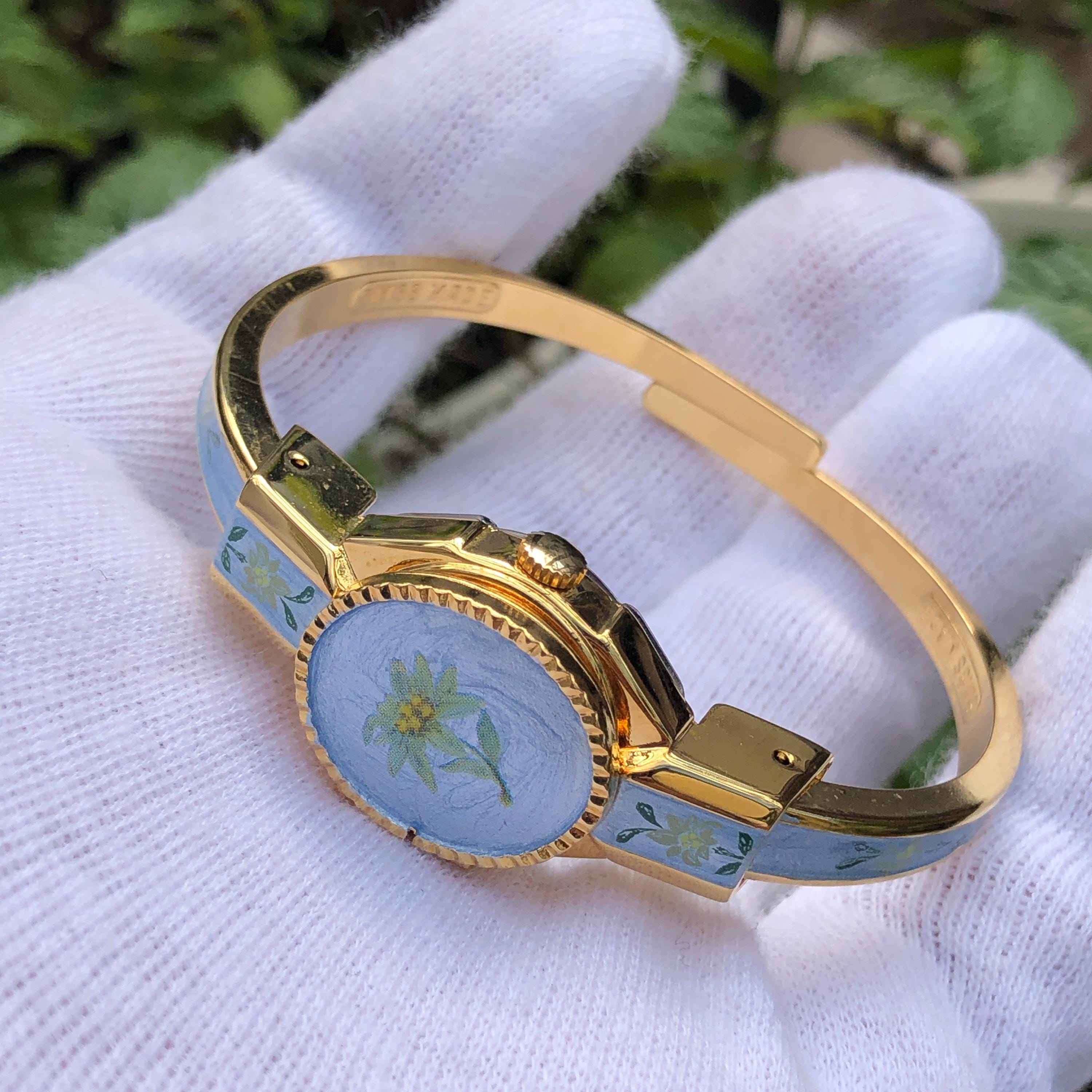 Vintage Andre Mouche Floral Enamel Bangle Watch: Swiss Made, Gold