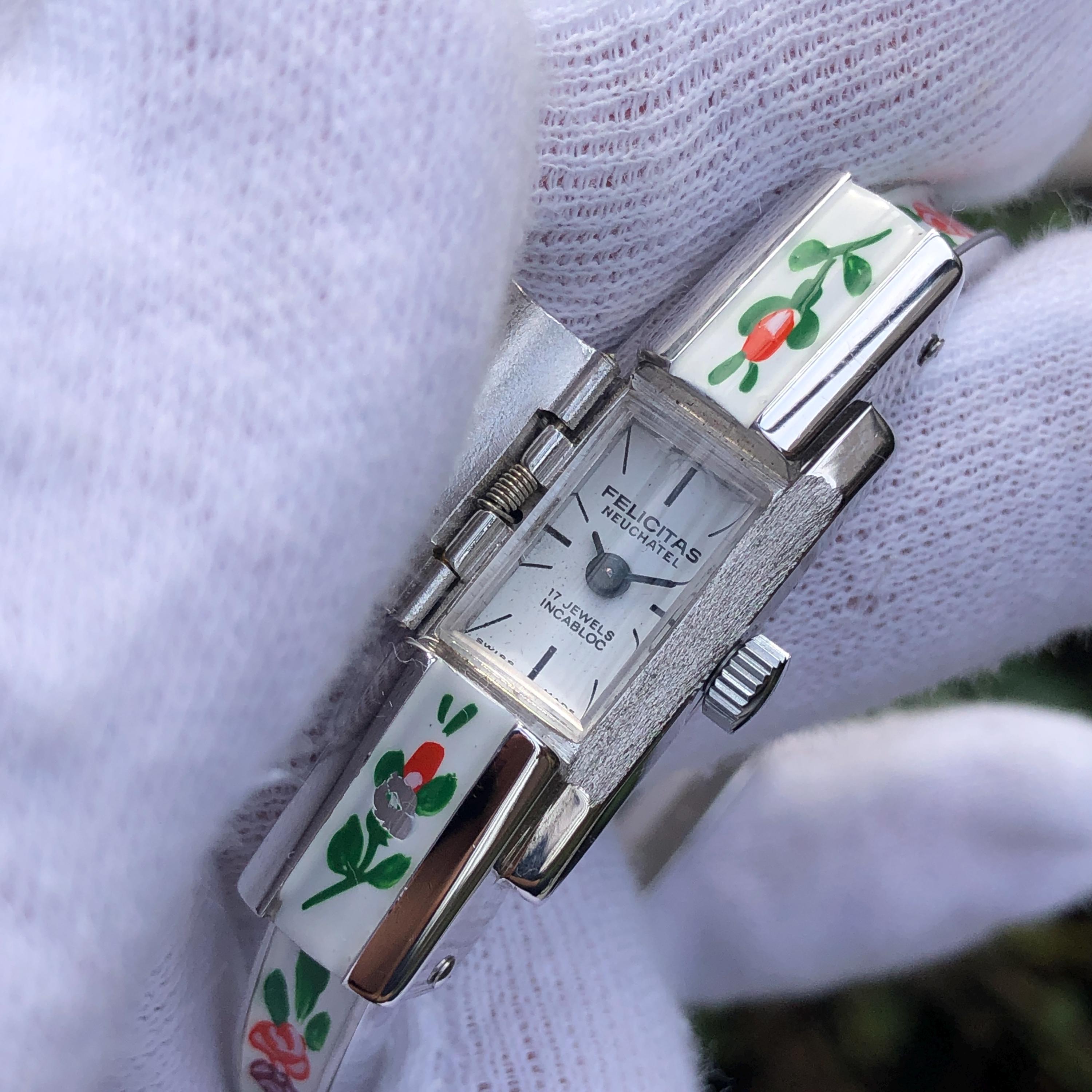 Vintage Felicitas Neuchatel Swiss Floral Enamel Bangle Watch 
