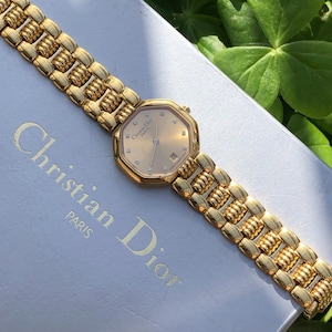 RARO Reloj de señora Christian Dior Octagon chapado en oro con diamantes y marcadores de hora. Vintage. En caja D48-153. Buen estado.