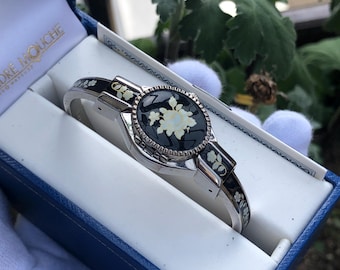 Vintage André Mouche Enamel Floral Bangle Watch - Swiss Made