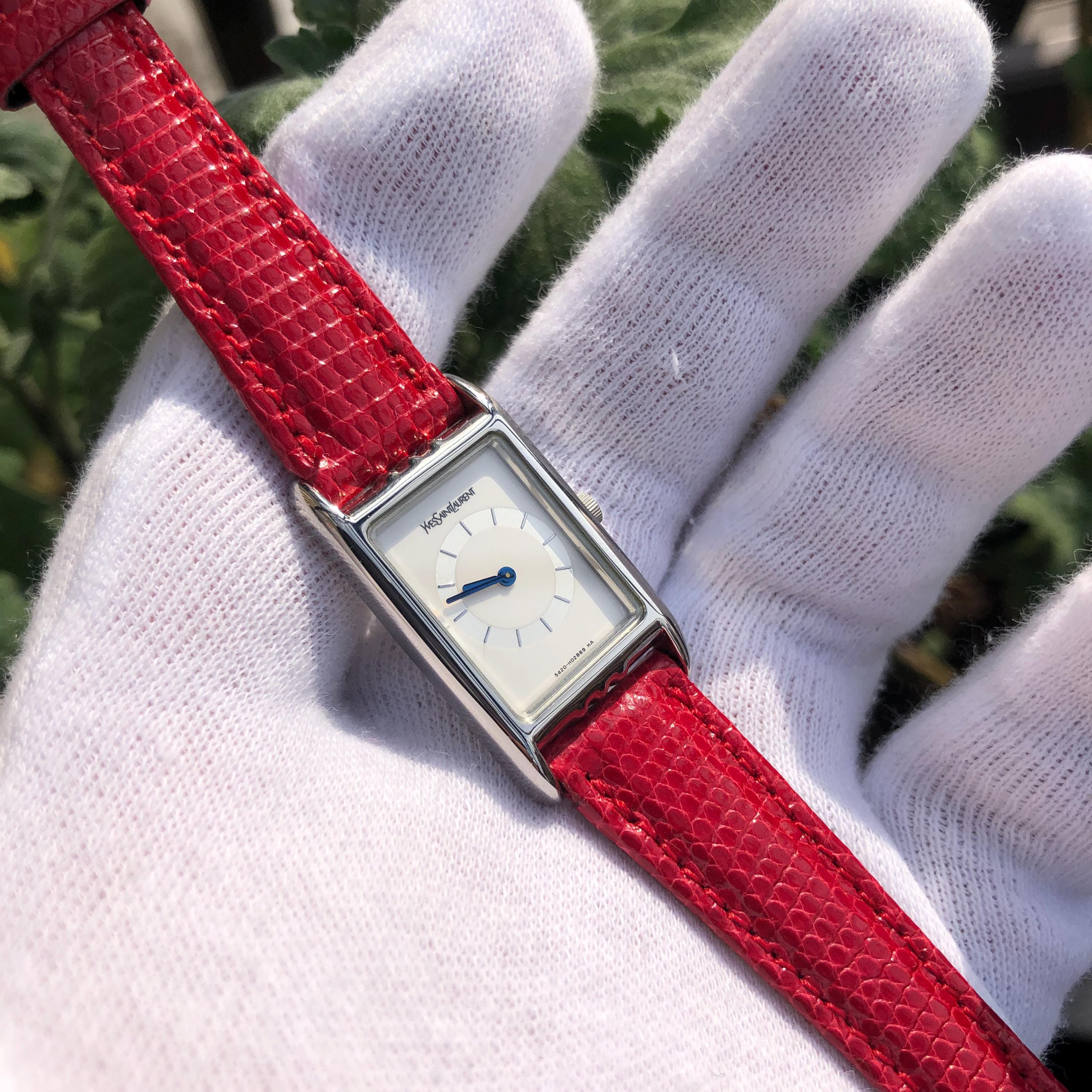 Vintage YSL Yves Saint Laurent Tank Watch: Silver Case, Red