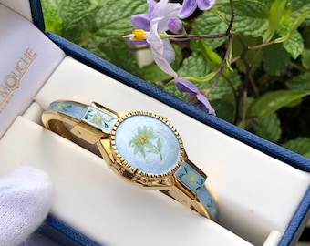 Vintage Andre Mouche Floral Enamel Bangle Watch: Swiss Made, Gold Tone