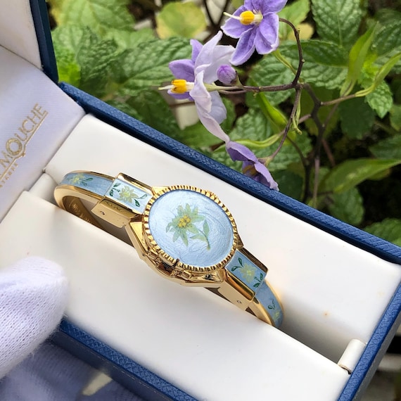 Vintage Andre Mouche Floral Enamel Bangle Watch: Swiss Made, Gold