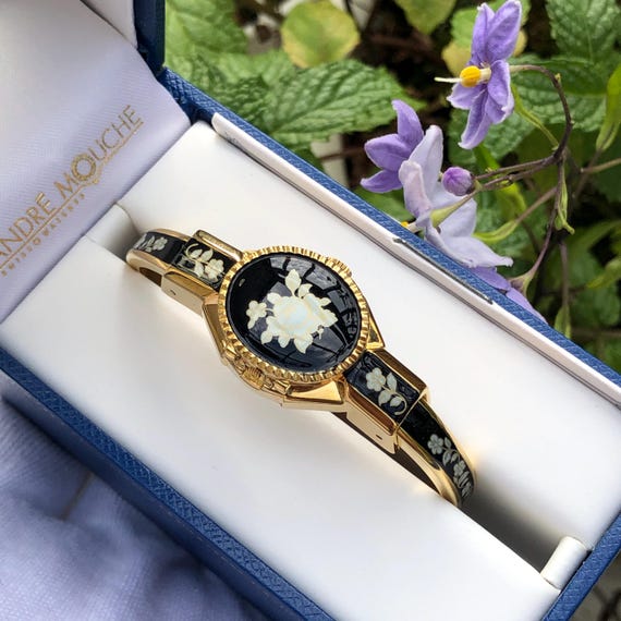 Vintage Andre Mouche Enamel Floral Watch: Swiss Made, Gold  display picture 1