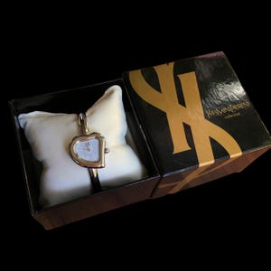 RARE Vintage YSL Yves Saint Laurent Heart face Silver toned lady's bangle watch full set