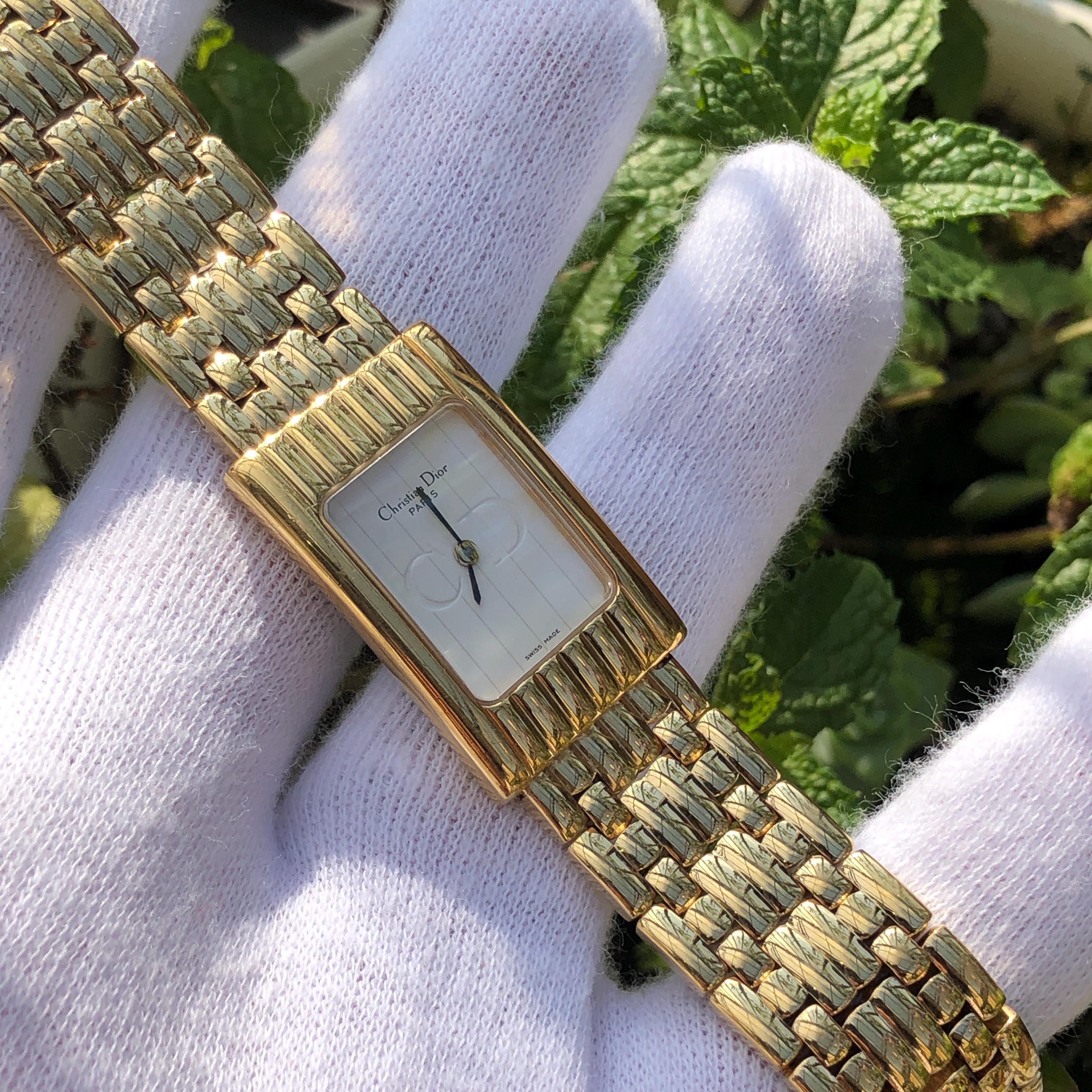Vintage Christian Dior Tank Watch: Gold Plated Bracelet, White