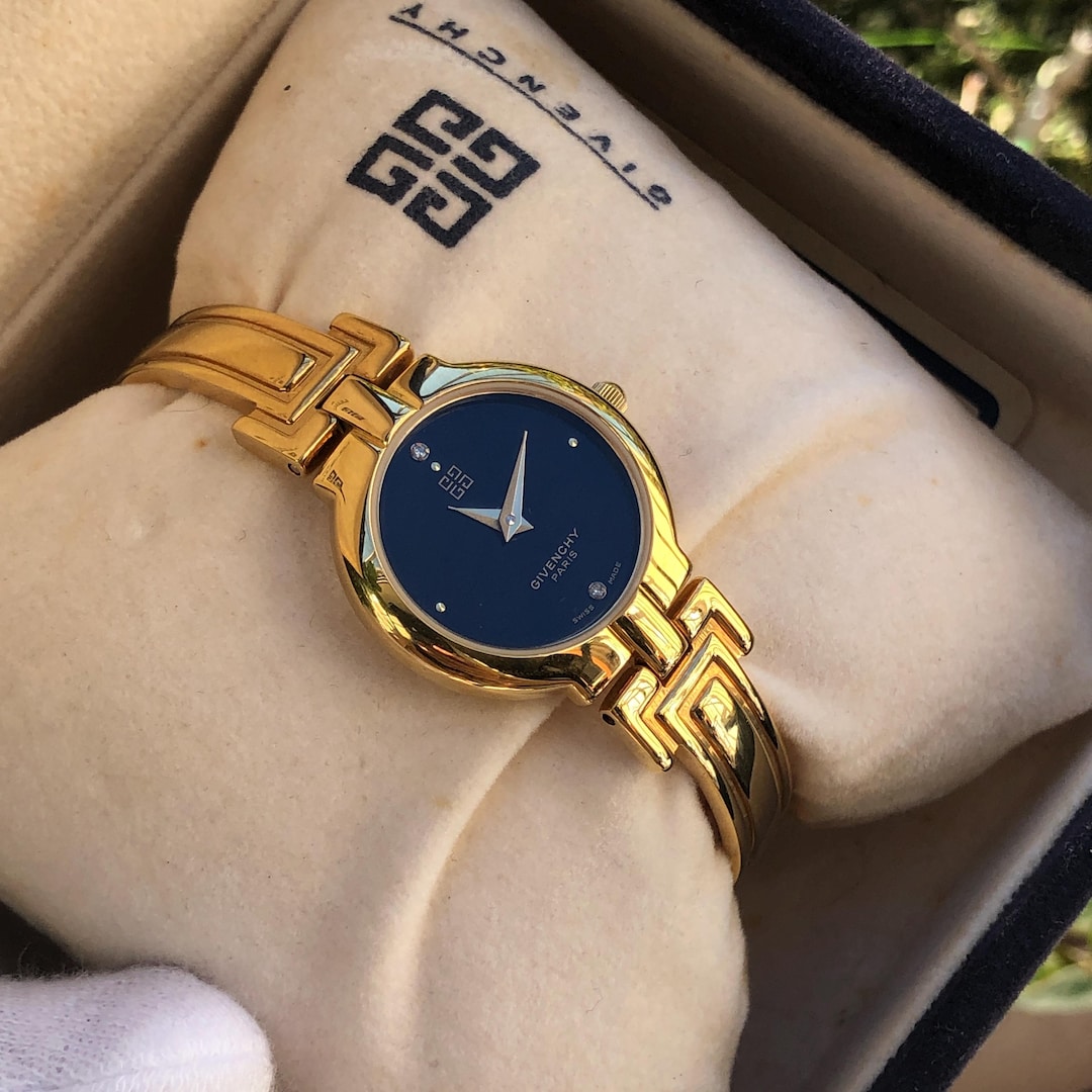 Vintage GIVENCHY Millesime Bangle Watch: Black Dial, Gold Plated