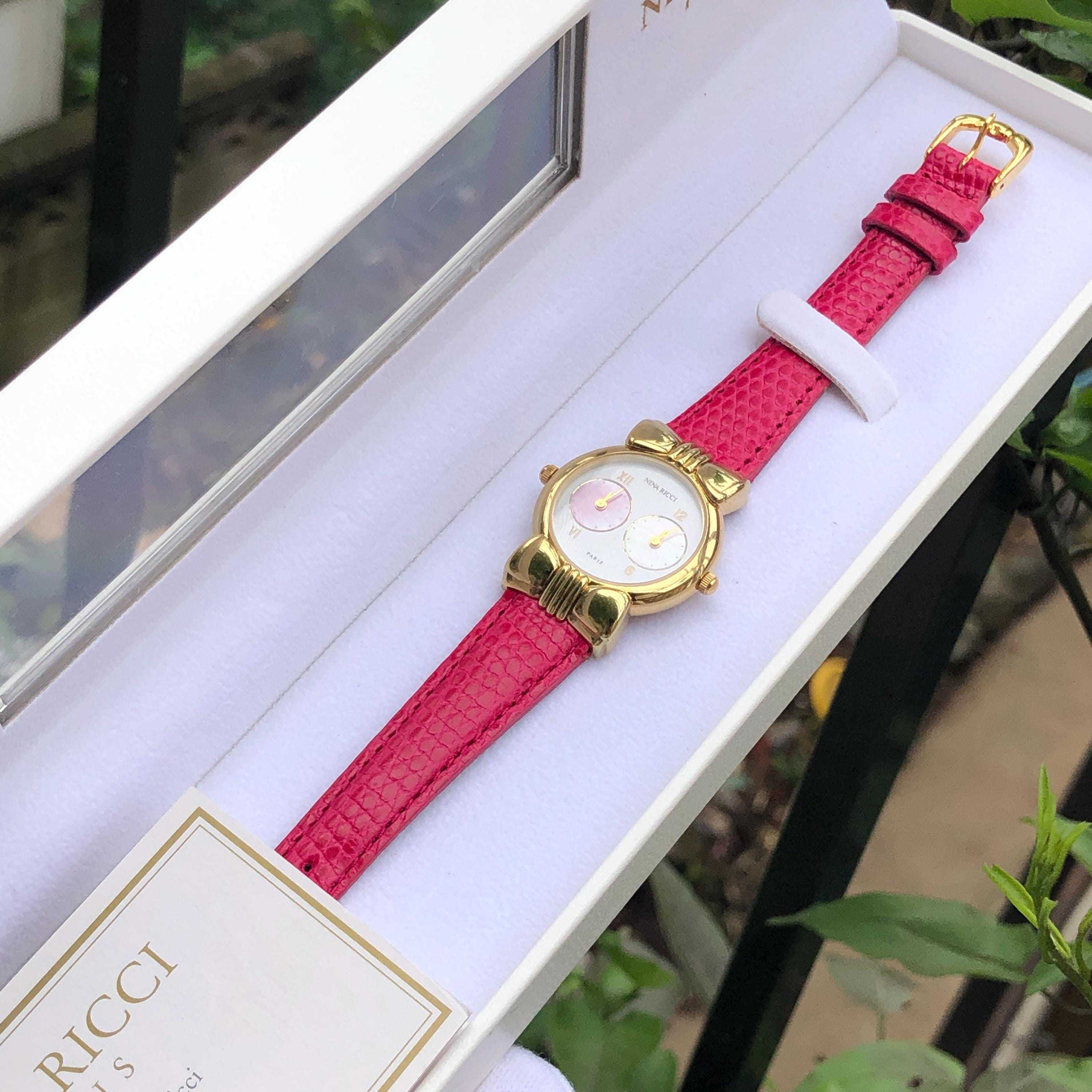 Rare Vintage Nina Ricci Dual Time Watch: Mother of Pearl Dial