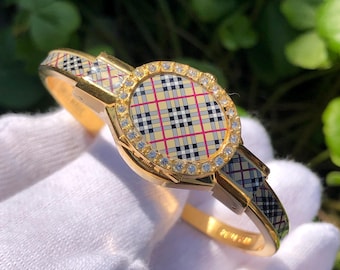 Vintage André Mouche Swiss Made Bangle Watch: Gold Tone Chequered Enamel