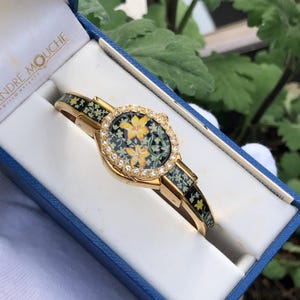 Vintage André Mouche Gold Tone Floral Enamel Bangle Watch: Swiss