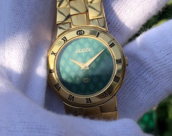 RARE VINTAGE GUCCI 3300L Green Crest Pattern Dial Bracelet Type