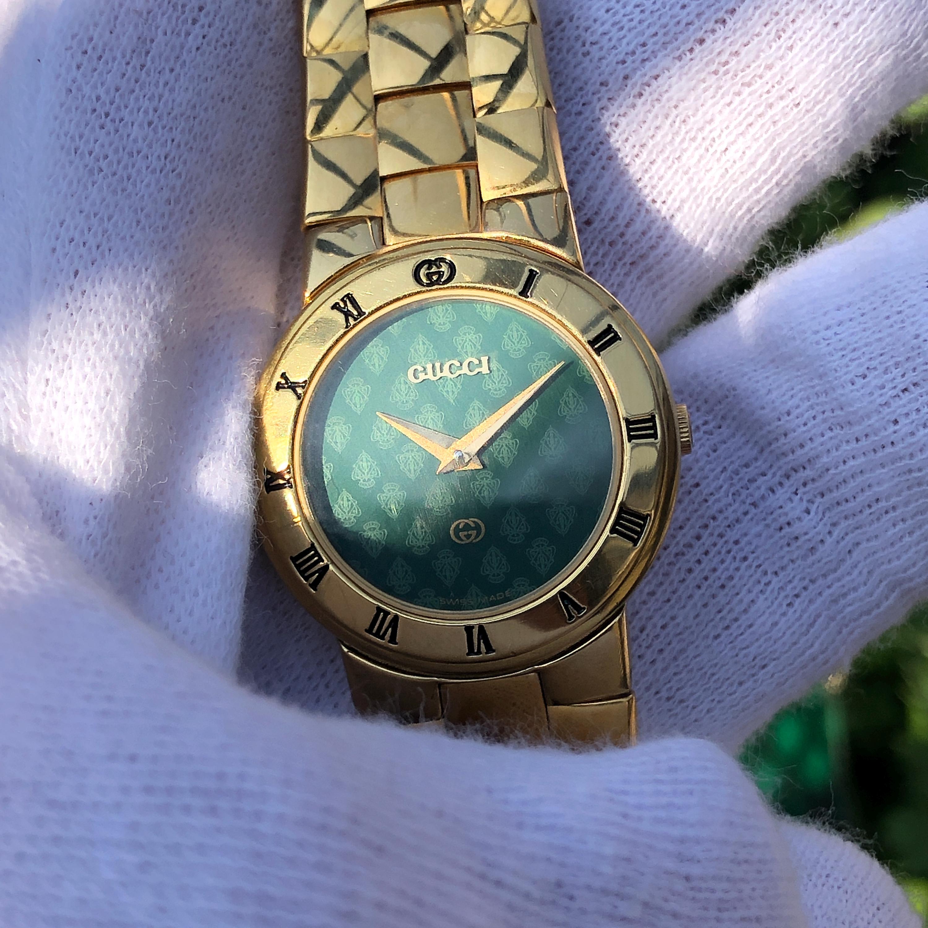 RARE VINTAGE GUCCI 3300L Green Crest Pattern Dial Bracelet Type